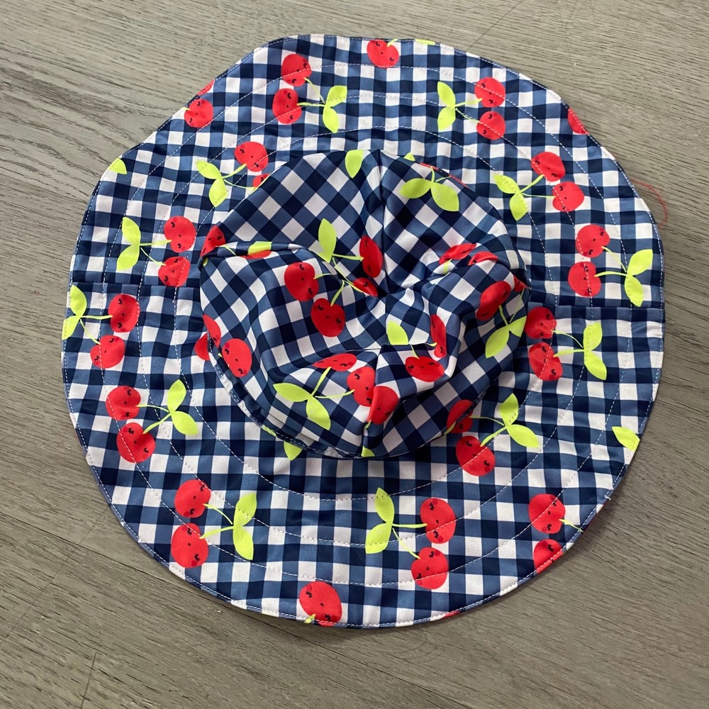 Sun Hat Kids OS Navy White Gingham Cherry Print Reversible Neon Pink